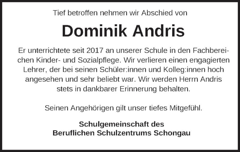  Traueranzeige für Dominik Andris vom 22.01.2022 aus merkurtz