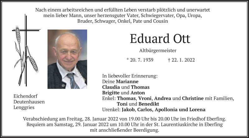  Traueranzeige für Eduard Ott vom 26.01.2022 aus merkurtz