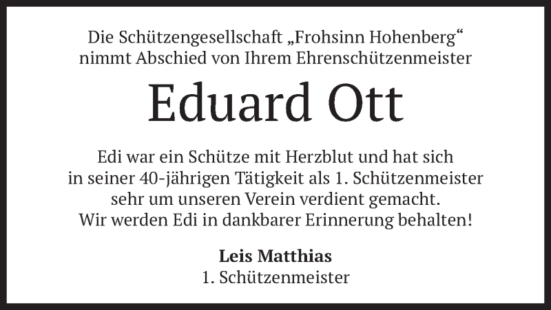 Traueranzeige für Eduard Ott vom 27.01.2022 aus merkurtz