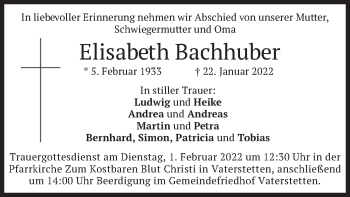 Traueranzeige von Elisabeth Bachhuber von merkurtz