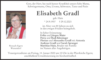 Traueranzeige von Elisabeth Gradl von merkurtz