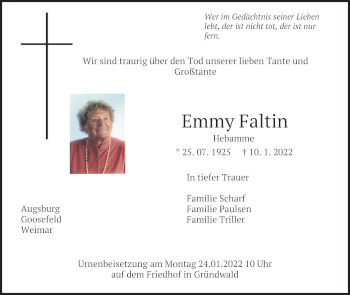 Traueranzeige von Emmy Faltin von merkurtz