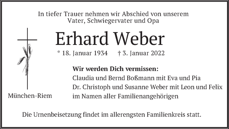  Traueranzeige für Erhard Weber vom 15.01.2022 aus merkurtz