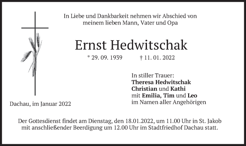 Traueranzeige für Ernst Hedwitschak vom 15.01.2022 aus merkurtz