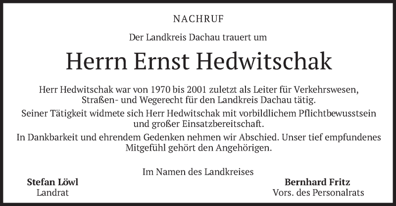  Traueranzeige für Ernst Hedwitschak vom 14.01.2022 aus merkurtz