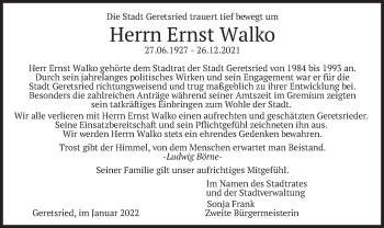 Traueranzeige von Ernst Walko von merkurtz