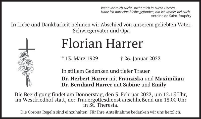  Traueranzeige für Florian Harrer vom 29.01.2022 aus merkurtz