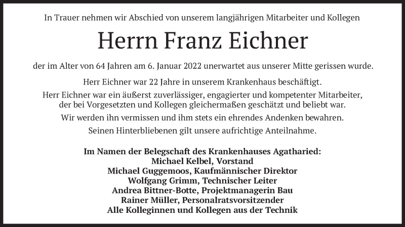  Traueranzeige für Franz Eichner vom 25.01.2022 aus merkurtz