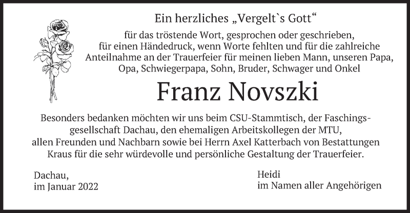  Traueranzeige für Franz Novszki vom 29.01.2022 aus merkurtz