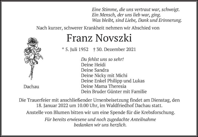  Traueranzeige für Franz Novszki vom 15.01.2022 aus merkurtz
