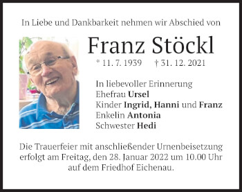 Traueranzeige von Franz Stöckl von merkurtz