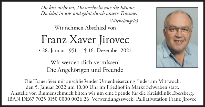  Traueranzeige für Franz Xaver Jirovec vom 03.01.2022 aus merkurtz