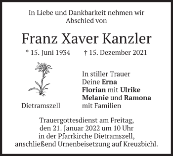 Traueranzeige von Franz Xaver Kanzler von merkurtz