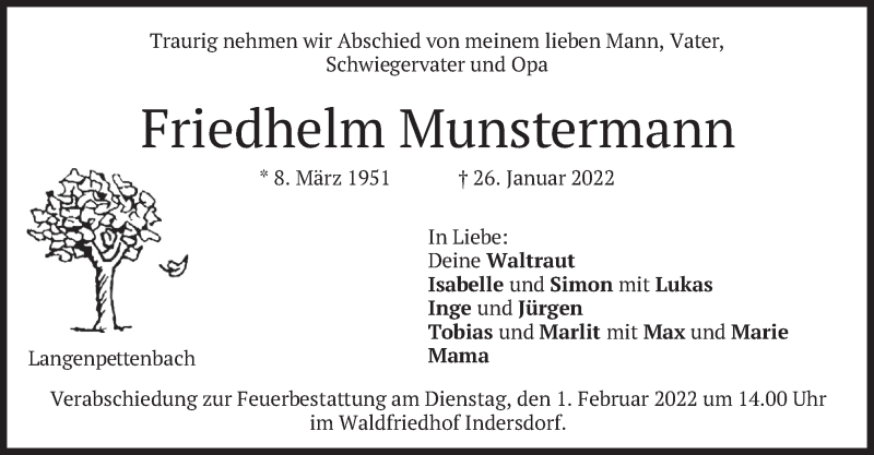  Traueranzeige für Friedhelm Munstermann vom 28.01.2022 aus merkurtz