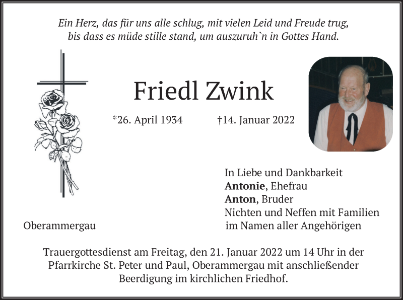  Traueranzeige für Friedl Zwink vom 19.01.2022 aus merkurtz