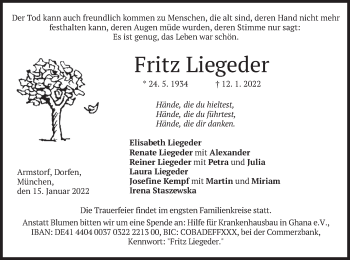 Traueranzeige von Fritz Liegeder von merkurtz