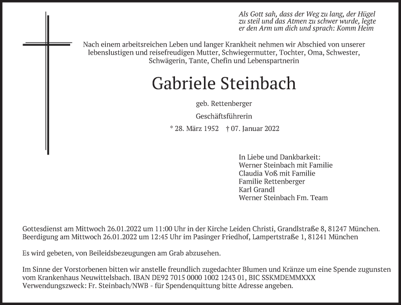  Traueranzeige für Gabriele Steinbach vom 15.01.2022 aus merkurtz