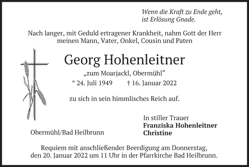  Traueranzeige für Georg Hohenleitner vom 18.01.2022 aus merkurtz
