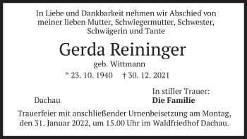 Traueranzeige von Gerda Reininger von merkurtz