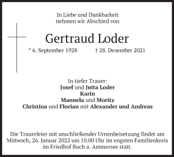 Traueranzeige von Gertraud Loder von merkurtz