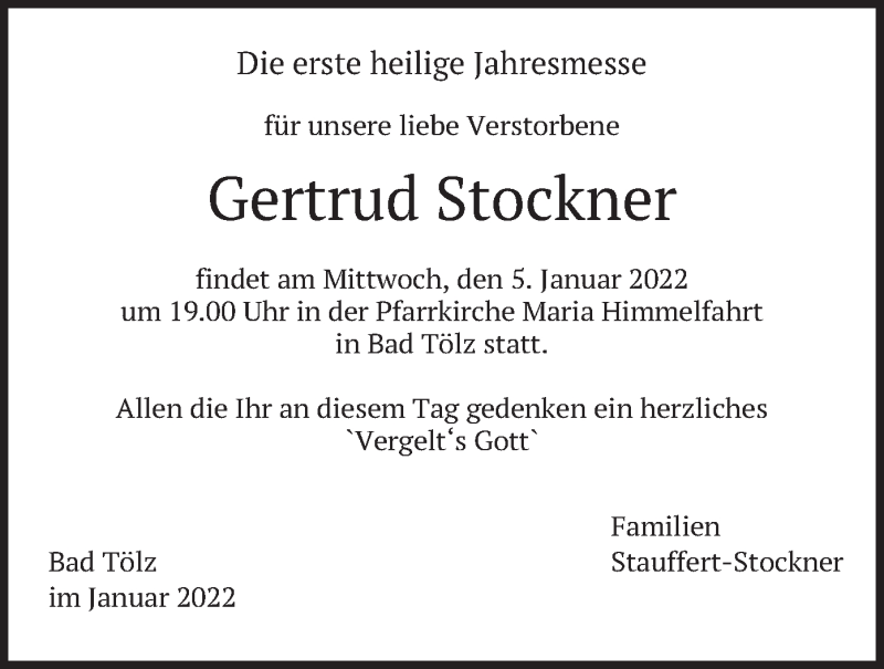  Traueranzeige für Gertrud Stockner vom 03.01.2022 aus merkurtz