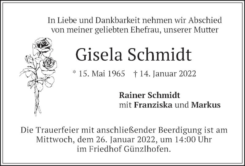  Traueranzeige für Gisela Schmidt vom 22.01.2022 aus merkurtz