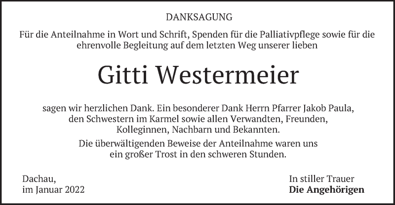  Traueranzeige für Gitti Westermeier vom 15.01.2022 aus merkurtz