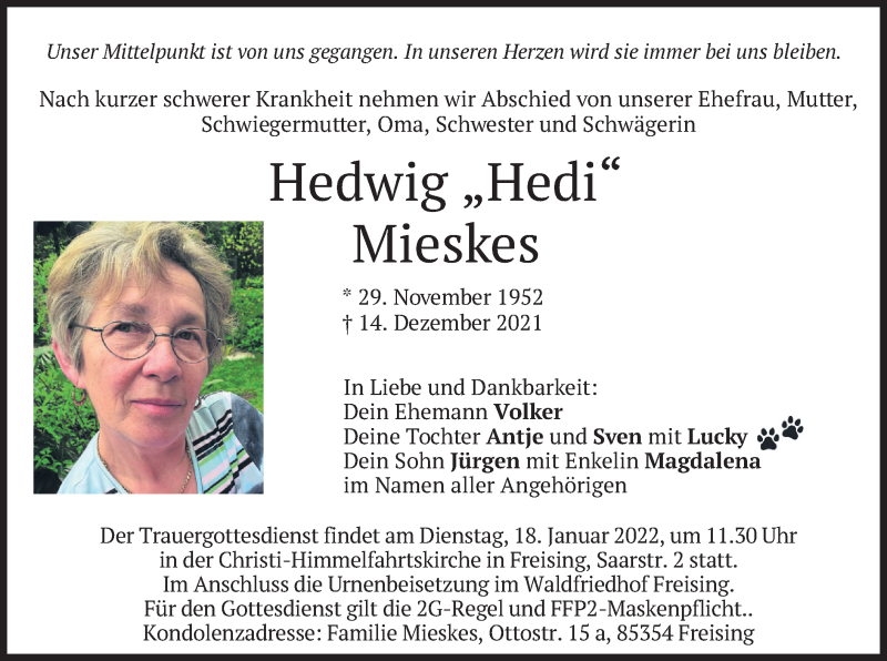  Traueranzeige für Hedwig Mieskes vom 15.01.2022 aus merkurtz
