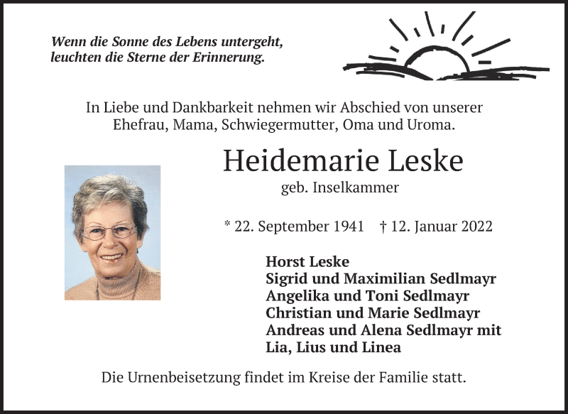  Traueranzeige für Heidemarie Leske vom 15.01.2022 aus merkurtz
