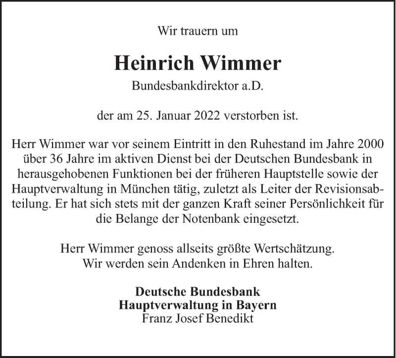  Traueranzeige für Heinrich Wimmer vom 29.01.2022 aus merkurtz