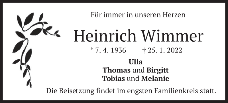  Traueranzeige für Heinrich Wimmer vom 28.01.2022 aus merkurtz