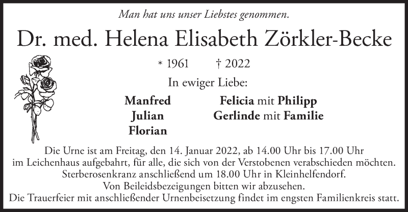  Traueranzeige für Helena Elisabeth Zörkler-Becke vom 12.01.2022 aus merkurtz