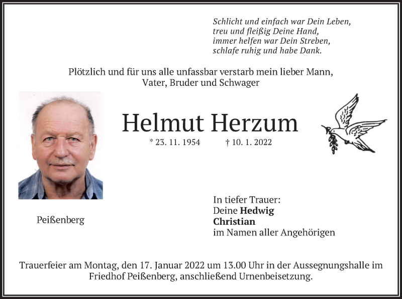  Traueranzeige für Helmut Herzum vom 15.01.2022 aus merkurtz