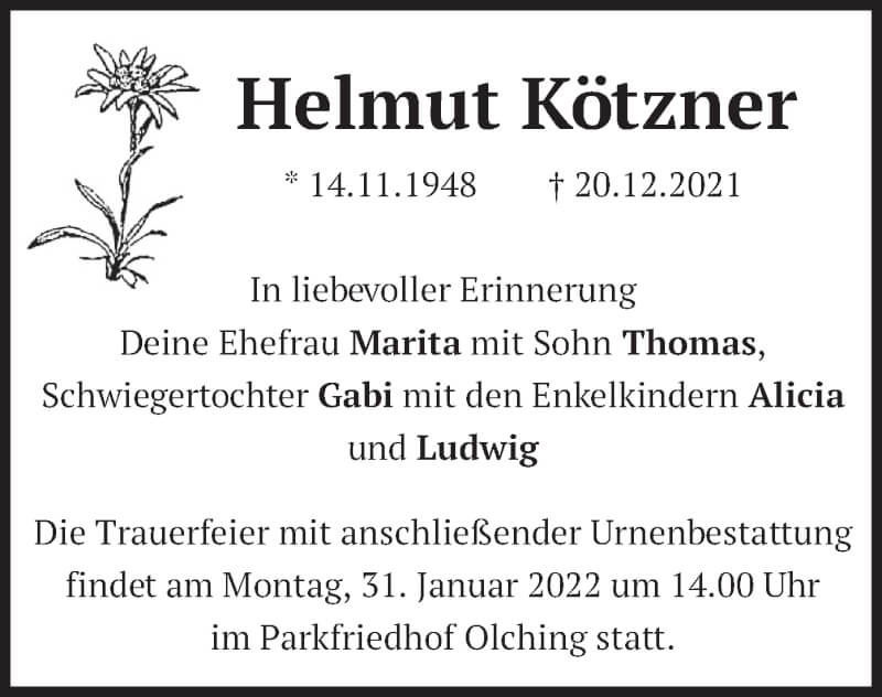  Traueranzeige für Helmut Kötzner vom 22.01.2022 aus merkurtz