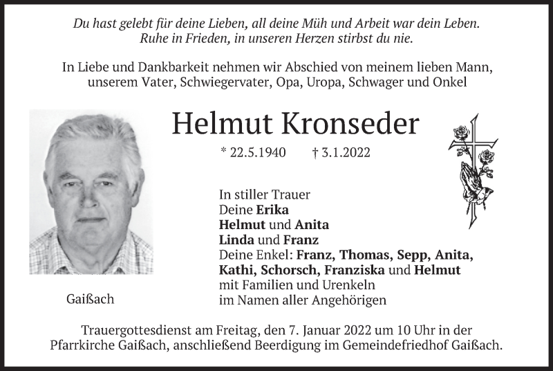  Traueranzeige für Helmut Kronseder vom 05.01.2022 aus merkurtz