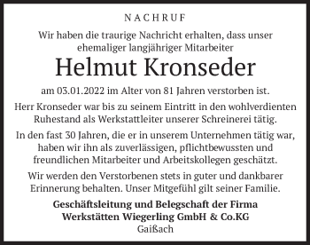 Traueranzeige von Helmut Kronseder von merkurtz
