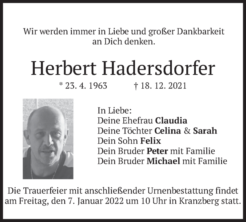  Traueranzeige für Herbert Hadersdorfer vom 04.01.2022 aus merkurtz