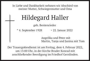 Traueranzeige von Hildegard Haller von merkurtz