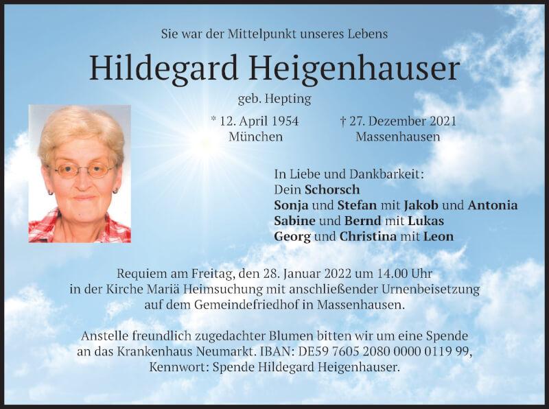  Traueranzeige für Hildegard Heigenhauser vom 22.01.2022 aus merkurtz