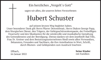 Traueranzeige von Hubert Schuster von merkurtz
