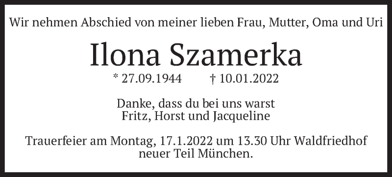  Traueranzeige für Ilona Szamerka vom 14.01.2022 aus merkurtz