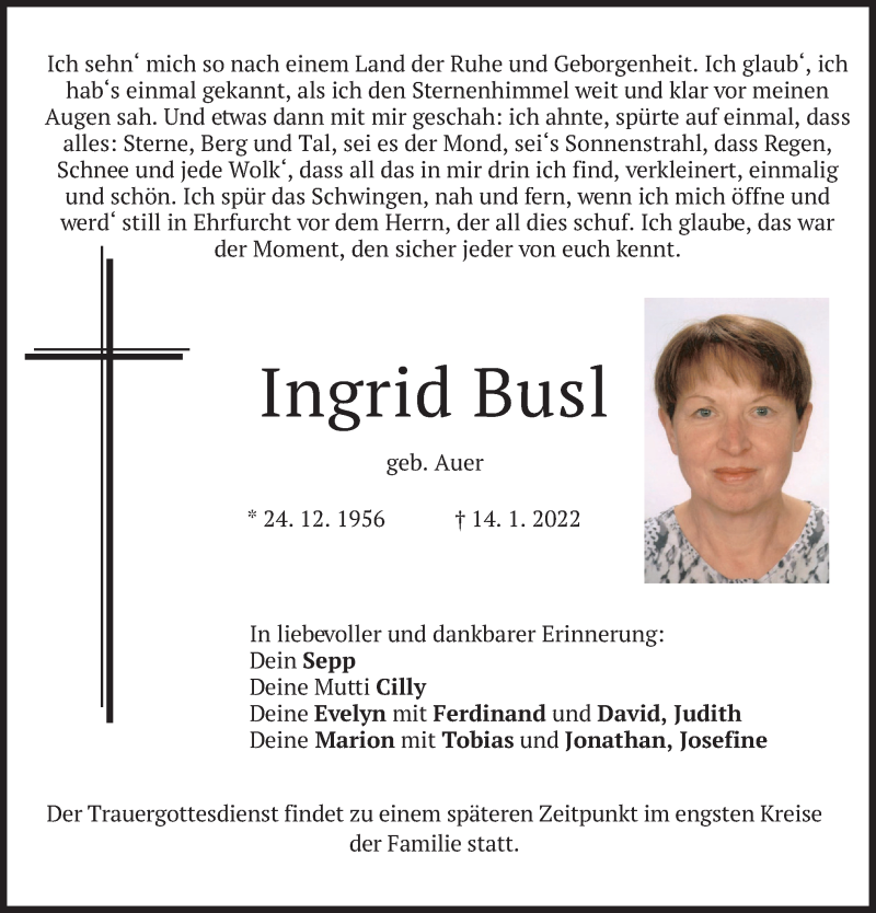  Traueranzeige für Ingrid Busl vom 21.01.2022 aus merkurtz
