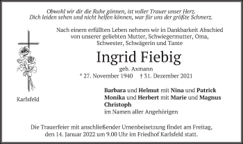 Traueranzeige von Ingrid Fiebig von merkurtz