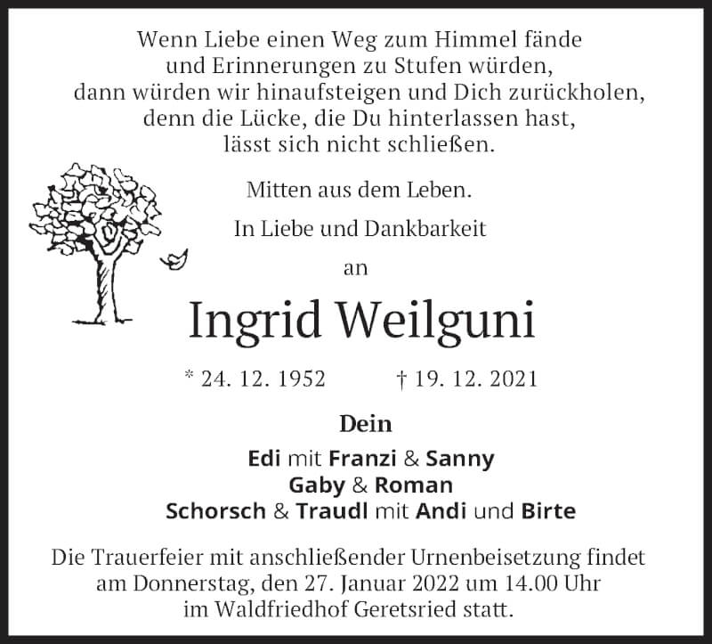  Traueranzeige für Ingrid Weilguni vom 22.01.2022 aus merkurtz