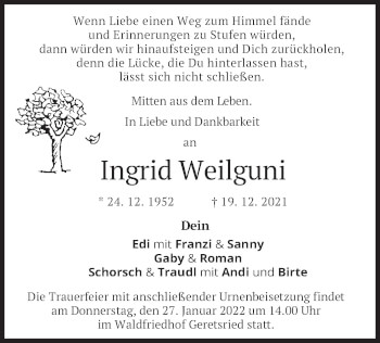 Traueranzeige von Ingrid Weilguni von merkurtz