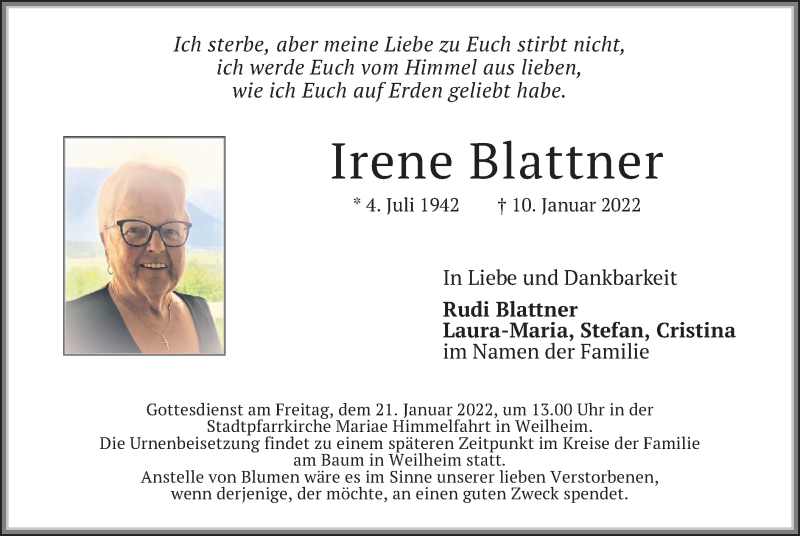  Traueranzeige für Irene Blattner vom 15.01.2022 aus merkurtz