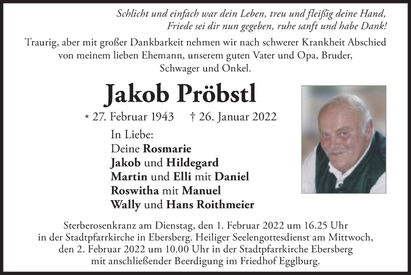  Traueranzeige für Jakob Pröbstl vom 29.01.2022 aus merkurtz