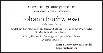 Traueranzeige von Johann Buchwieser