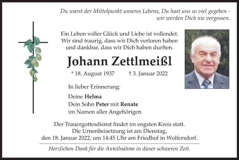  Traueranzeige für Johann Zettlmeißl vom 15.01.2022 aus merkurtz