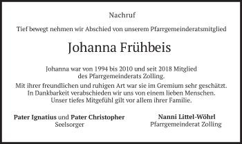 Traueranzeige von Johanna Frühbeis von merkurtz